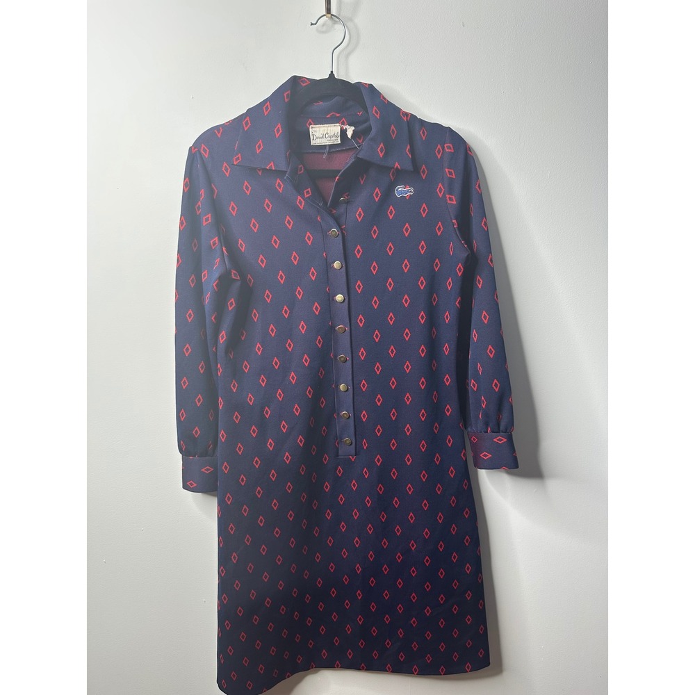 Vintage David Crystal Lacoste Navy Red Diamond Knit Shift Dress Size 10 Long Slv
